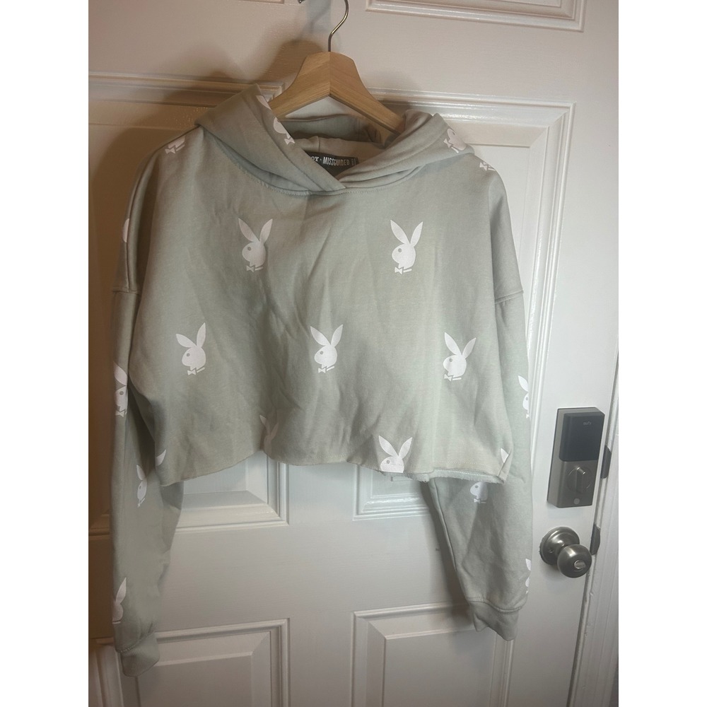 ❤️‎ Playboy x Missguided Hoodie Sage Green All Over Bunny Print Cropped